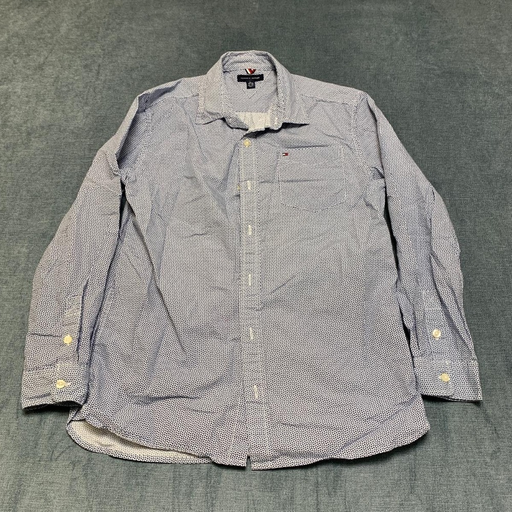 Tommy Hilfiger Dress Shirt Mens XL 16-18 Blue Geometric Barrel Cuff Business